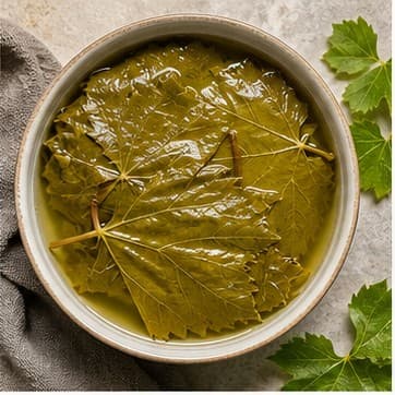 Brined vine leaves stacked in a bowl