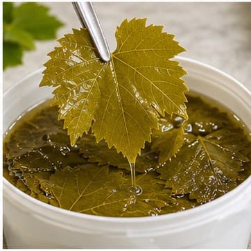 Vine leaf lifted from brine for inspection