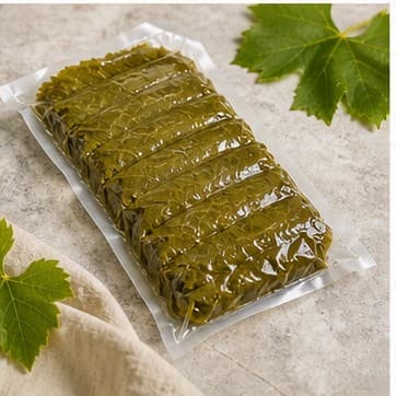 Vacuum sample pack of brined vine leaves